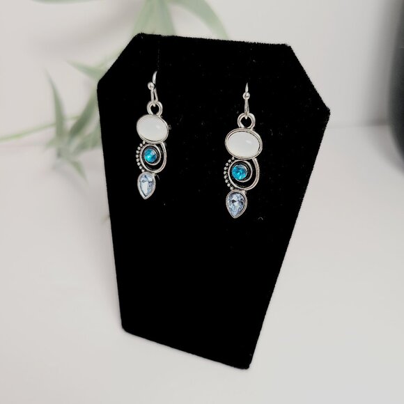 Silver Tone Drop Earrings with White, Aqua & Teal Stones - Picture 3 of 5
